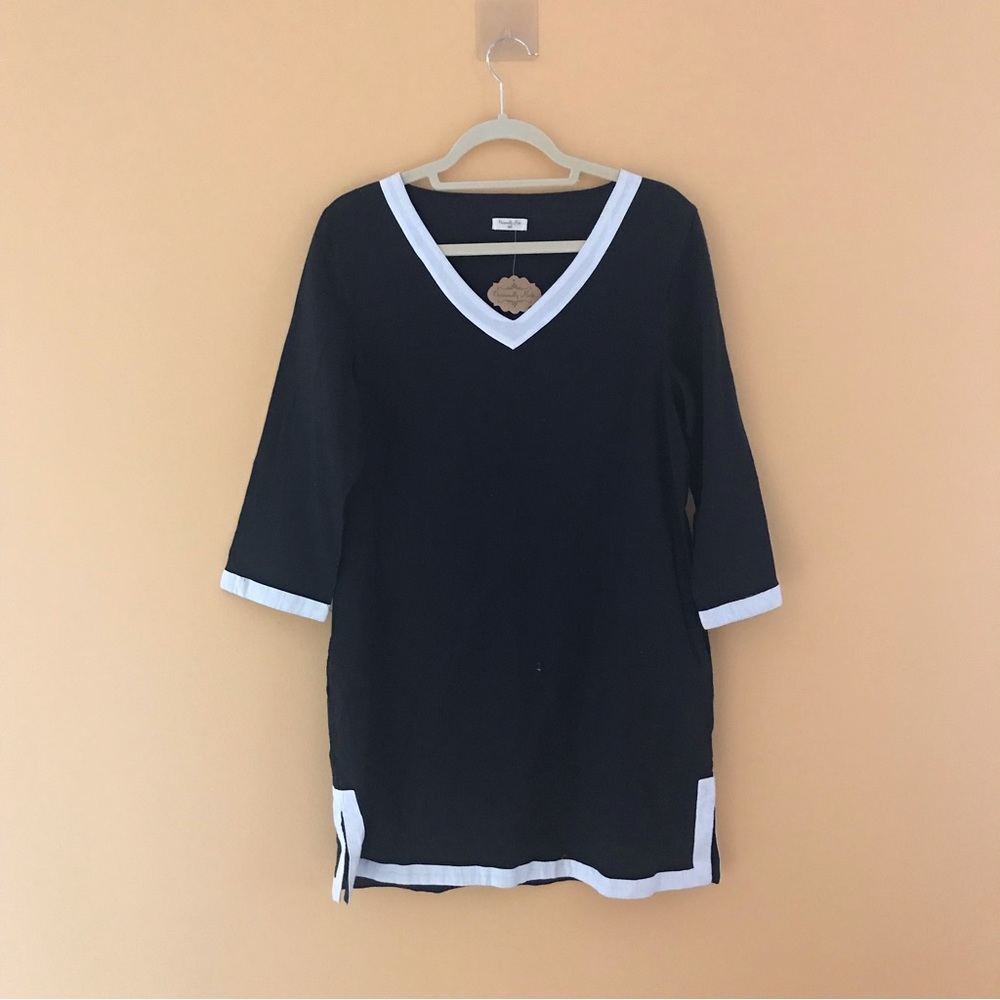 Linen Cotton Blend V-Neck Tunic Dress Cover Up Black new M